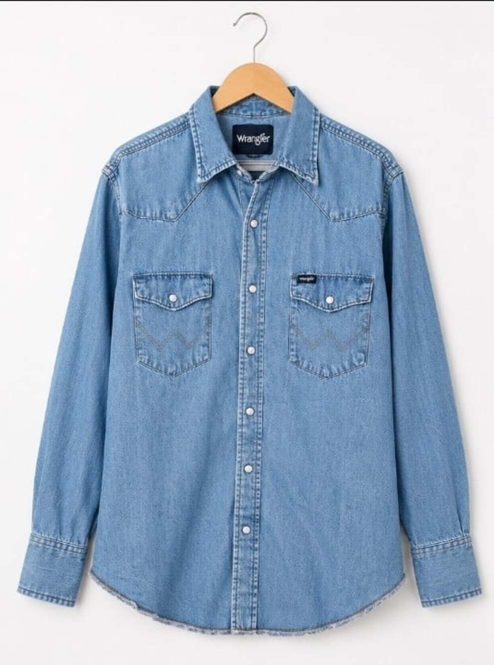 Vintage Wrangler Denim Western Pearl Snap Shirt Mens XL Distressed Raw Hem T80
